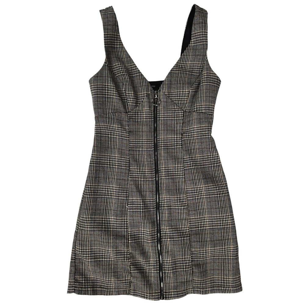 Forever 21 Womens Glen Plaid Zip Front Mini Dress Brown Black Size Small
